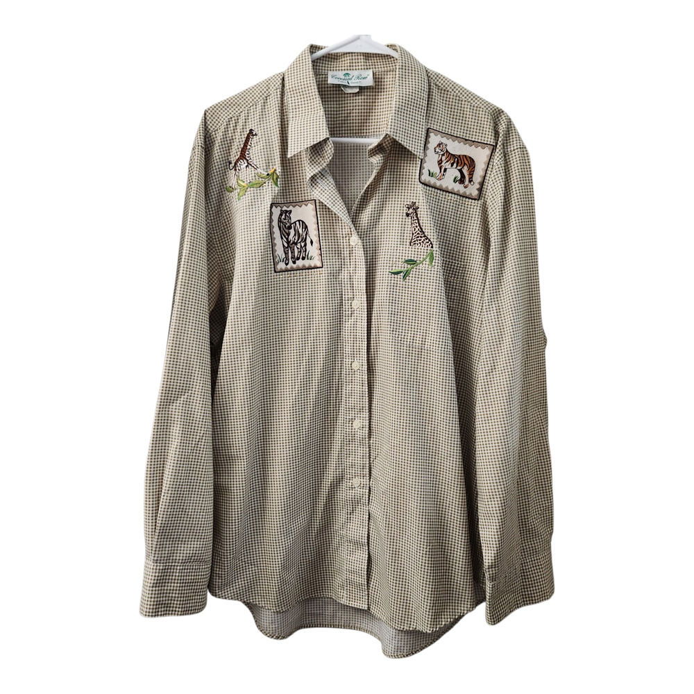 Coconut Row Vintage Safari Embroidered Button Down Shirt L Gingham Retro‎